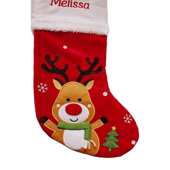 Reindeer Red White Christmas Stocking 17" Personalized Name Melissa Monogrammed - Picture 4 of 4